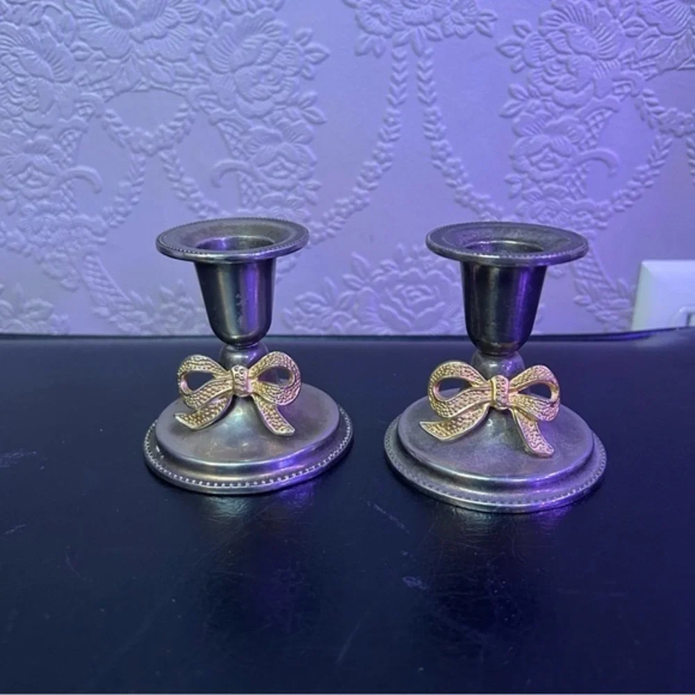 Elegant Silver Candle Holders with Gold Bow Accents Swanski pair